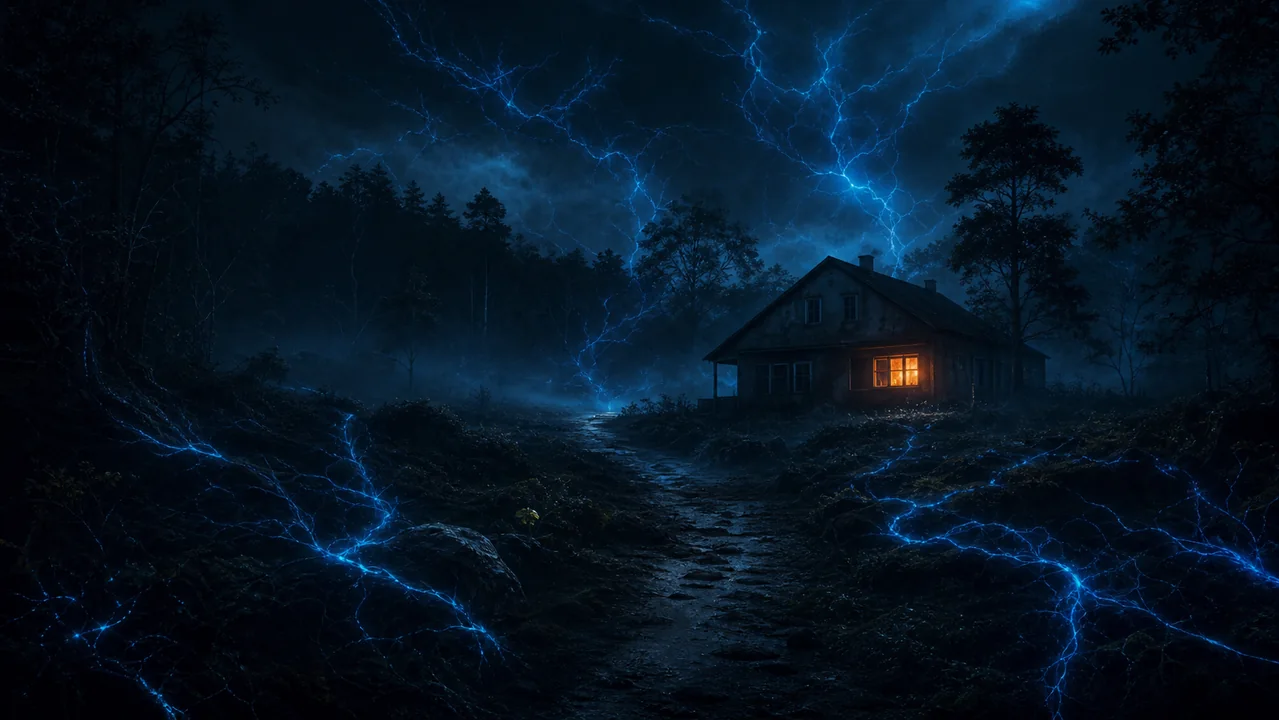Casa misteriosa à noite com caminhos luminosos