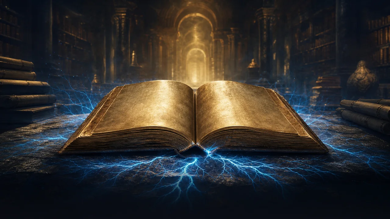 Livro antigo aberto sob luz dourada e ramificações azuis